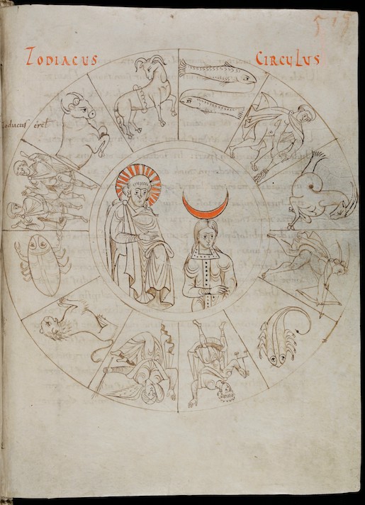 Eine Tierkreis-Darstellung aus dem 9. Jahrhundert mit Sonne (sol) und Mond (luna) in der Mitte.
